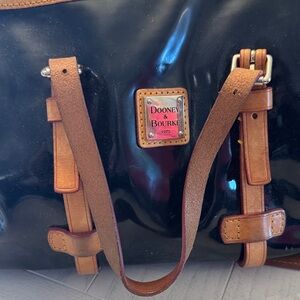 Dooney & Bourke Black Patent Leather Shoulder Bag with Tan Leather Trim